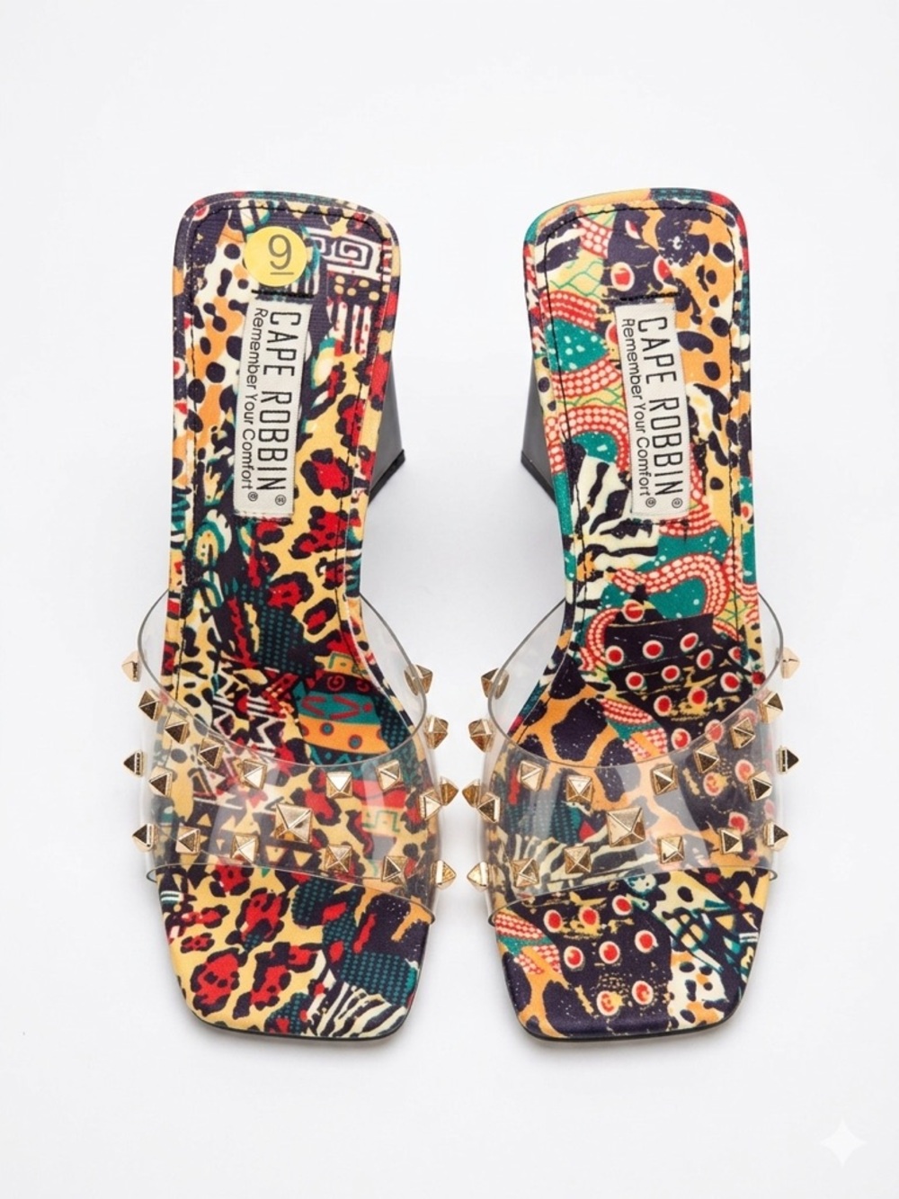 Cape Robbin Popo Multi-Print Studded High Heel Mules